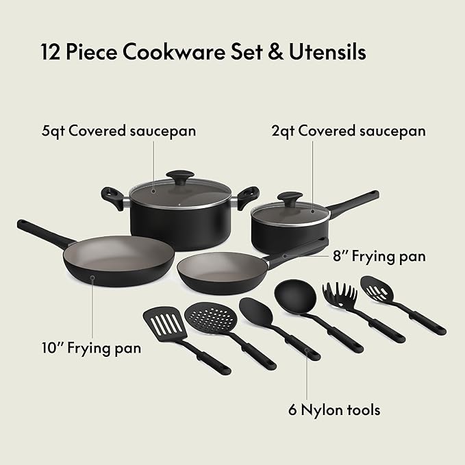 bella 12 Piece Cookware Set with EverGood™ Ceramic Nonstick Coating​, Dishwasher & Oven Safe, All Stovetops Compatible, Tempered Glass Lids and Cool Touch Handles, Black - Image 3