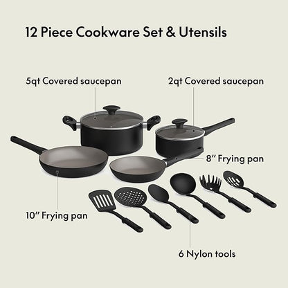bella 12 Piece Cookware Set with EverGood™ Ceramic Nonstick Coating​, Dishwasher & Oven Safe, All Stovetops Compatible, Tempered Glass Lids and Cool Touch Handles, Black - Image 3