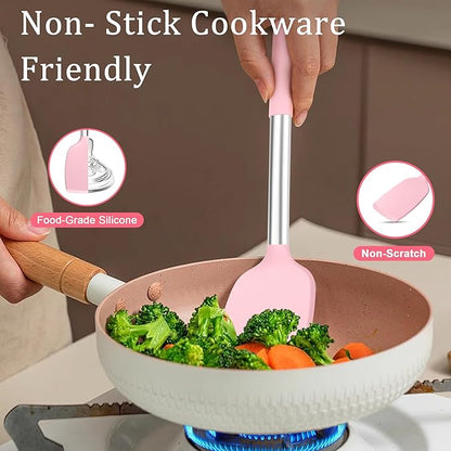 TeamFar Cooking Utensils Set, 5 PCS Silicone Kitchen Utensils with Stainless Steel Handle for Nonstick Cookware Turning Flipping Frying Draining, Heatproof & Healthy, Nonstick & Easy Clean, Pink - Image 5