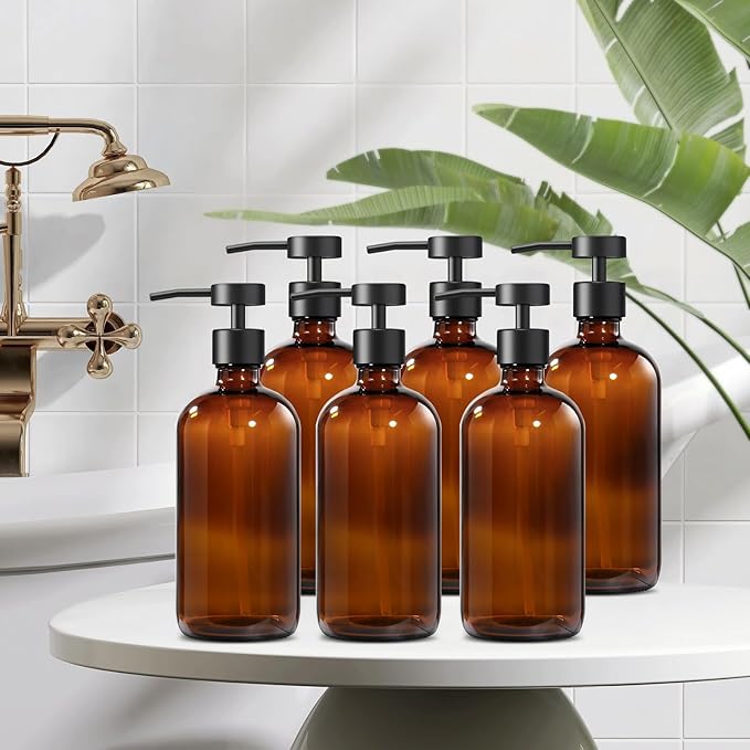 GMISUN Amber Glass Soap Dispenser, 6 Pack Bathroom Hand Soap Dispensers with Stainless Steel Pump, 17 Fl Oz Kitchen Hand and Dish Soap Dispenser Set, Modern Vintage Liquid Brown Soap Dispensers Bottle - Image 4