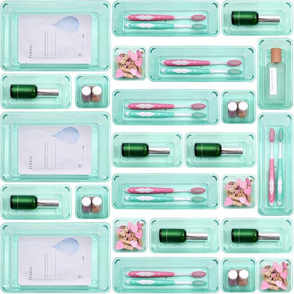 Kitchen Desk Drawer Organizers Storage for Office, Small Acrylic Vanity Trays Makeup for Drawer Bathroom Plastic Make up Organizers 25 Pcs Green
