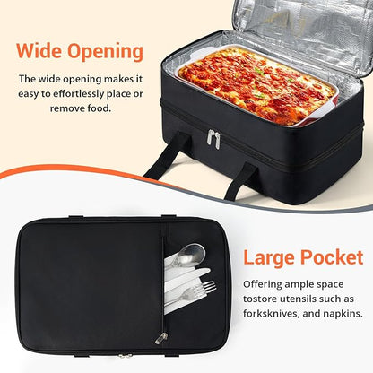 Double Insulated Casserole Carrier for Hot or Cold Food,Pie Carrier Bag Lunch Tote for Potluck Parties/Picnic/Cookouts, Fits 9"x13" Baking Dish, Black