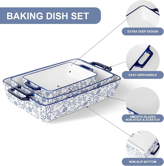 Ceramic Bakeware Set - Casserole Dish Baking Dishes for Oven - Rectangular Lasagna Pans with Handles for Kitchen Cooking - Microwave & Dishwasher Safe - Set of 3 (15.1''/13.6''/9.9'') - Blue - Image 6