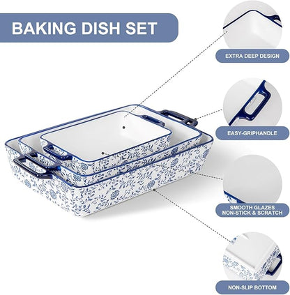 Ceramic Bakeware Set - Casserole Dish Baking Dishes for Oven - Rectangular Lasagna Pans with Handles for Kitchen Cooking - Microwave & Dishwasher Safe - Set of 3 (15.1''/13.6''/9.9'') - Blue - Image 6