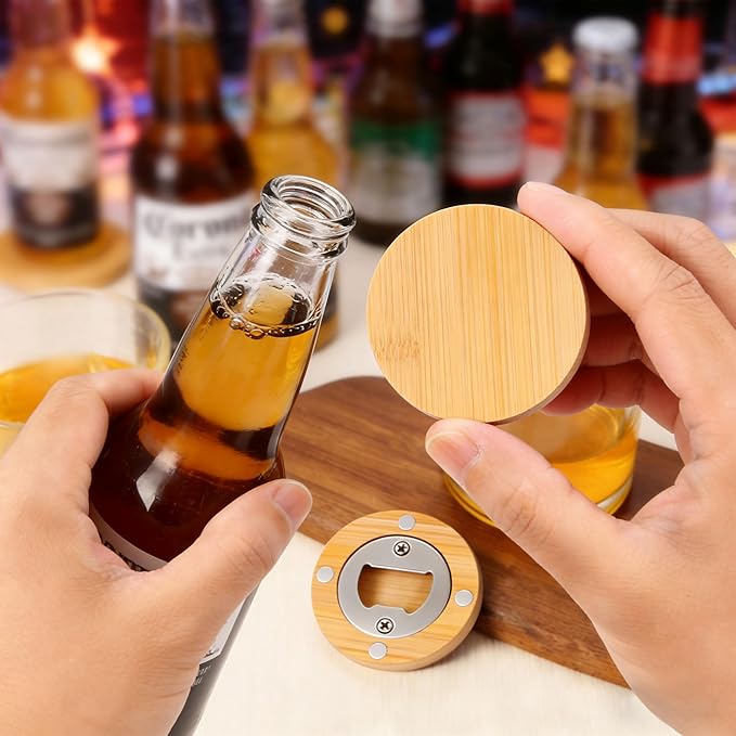 Yoption 24 Pcs Bamboo Magnetic Bottle Opener, Wooden Bulk Fridge Magnet Bottle Opener for DIY Beer Lover Wedding Groomsmen Gift Kitchens Bars Parties