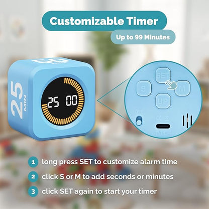 KADAMS Pomodoro Cube Timer Productivity Visual Timer - 5/10/25/50 Min Rotating Countdown (1, Blue)