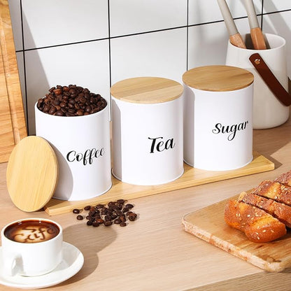 Reallnaive Coffee Tea Sugar Container Set with Tray, Set of 3 Airtight Metal Canister with Bamboo Lids, Farmhouse Kitchen Counter Organizer for Coffee Bar and Drink Station (White)