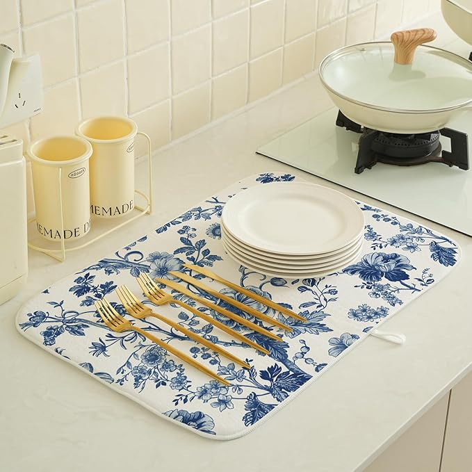 Vintage Blue Dish Drying Mat 18x24 Inch Chinoiserie Navy Blue Floral Drying Mat Flower Spring Summer Seasonal Absorbent Dish Drying Pad Dish Rack Drainer Mats for Kitchen Dining Counter
