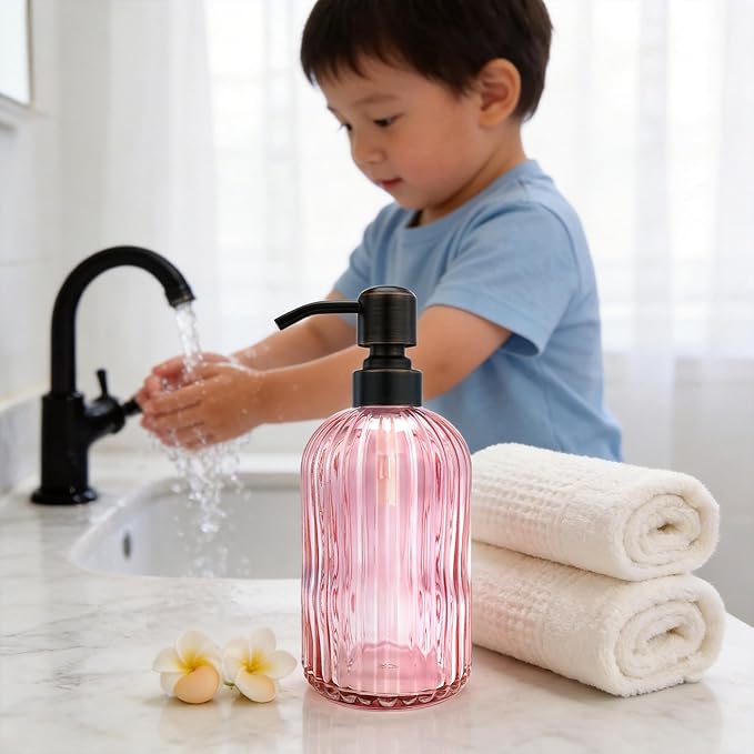 16 OZ Pink Glass Soap Dispenser,Clear Pink Stripe Bathroom Hand Soap Dispensers with Stainless Steel Bronze Pump,Brown Pink Kitchen Hand Soap Dispenser with Oil Rubbed Bronze Pump