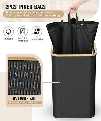 Recycling Bins for Kitchen, 26 Gallon (100L) Recycle Bin with Bamboo lid, Indoor Oxford Fabric Recycling Trash Can with 2pcs Removeable and Reusable Inner Bags for Bottle Can Glass Plastice, Black - Image 5