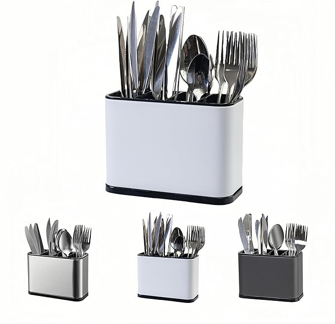 LIBODOUR Utensil Holder,Stainless Steel Caddy Counter,Spoon holder,4 Compartments Silverware Caddy,Capacity Flatware Spoon Fork Tool Cutlery Holder（White） by ModernandFarmhouseUtensilHolder