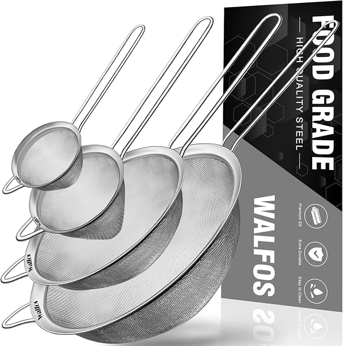 Walfos Fine Mesh Strainer 4PCS, Versatile Kitchen Strainer with Handle - 7", 4.6", 3.15", 2.7" Sieve Fine Mesh Stainless Steel, Metal Strainers and Sifters for Rice, Quinoa, Tea, Cocktail, Juice by Walfos