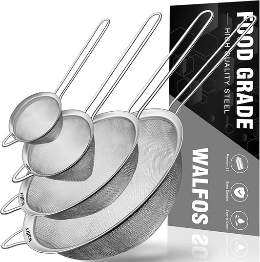 Walfos Fine Mesh Strainer 4PCS, Versatile Kitchen Strainer with Handle - 7", 4.6", 3.15", 2.7" Sieve Fine Mesh Stainless Steel, Metal Strainers and Sifters for Rice, Quinoa, Tea, Cocktail, Juice by Walfos