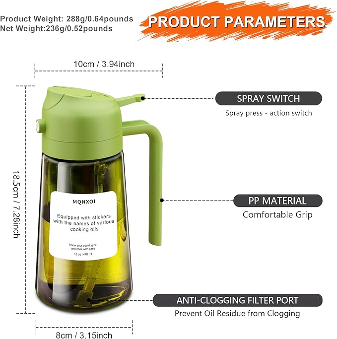 mqnxoi Oil Sprayer for Cooking, 2 in 1 Olive Oil Dispenser Bottle for Kitchen, 16oz/470ml Premium Glass, Food-grade Oil Mister for Air Fryer, Salad, Frying, BBQ (Green + Dark Green Bottle) - Image 8