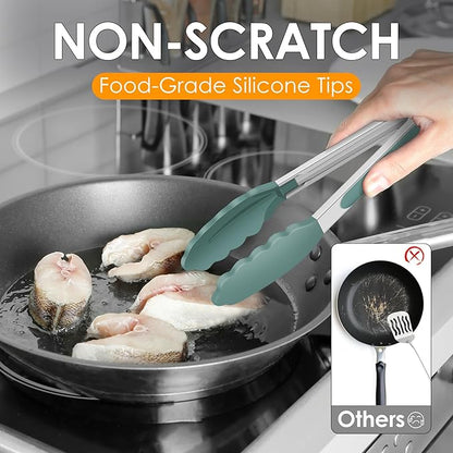 HOTEC Premium Stainless Steel Locking Kitchen Tongs with Silicon Tips, Set of 3-7", 9" and 12" (Sage Green) - Image 4