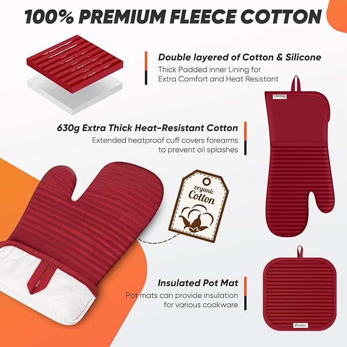 Oven Mitts Kitchen Towels and Dishcloths with Pot Holders Sets, Oven Gloves Hot Pads 500°F Heat Resistant with Silicone Grip, Include 2 Cooking Gloves/2 Potholders/4 Kitchen Towels/4 Dish Towels-Red - Image 3