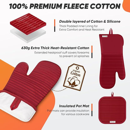 Oven Mitts Kitchen Towels and Dishcloths with Pot Holders Sets, Oven Gloves Hot Pads 500°F Heat Resistant with Silicone Grip, Include 2 Cooking Gloves/2 Potholders/4 Kitchen Towels/4 Dish Towels-Red - Image 3