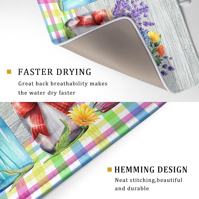 Kawani Spring Summer Flowers Dish Drying Mat for Kitchen Counter 18"x24" Spring Floral Jars Drying Mat Soft Absorbent Microfiber Farmhouse Colorful Floral Dish Drainer Rack Mats for Counter tops