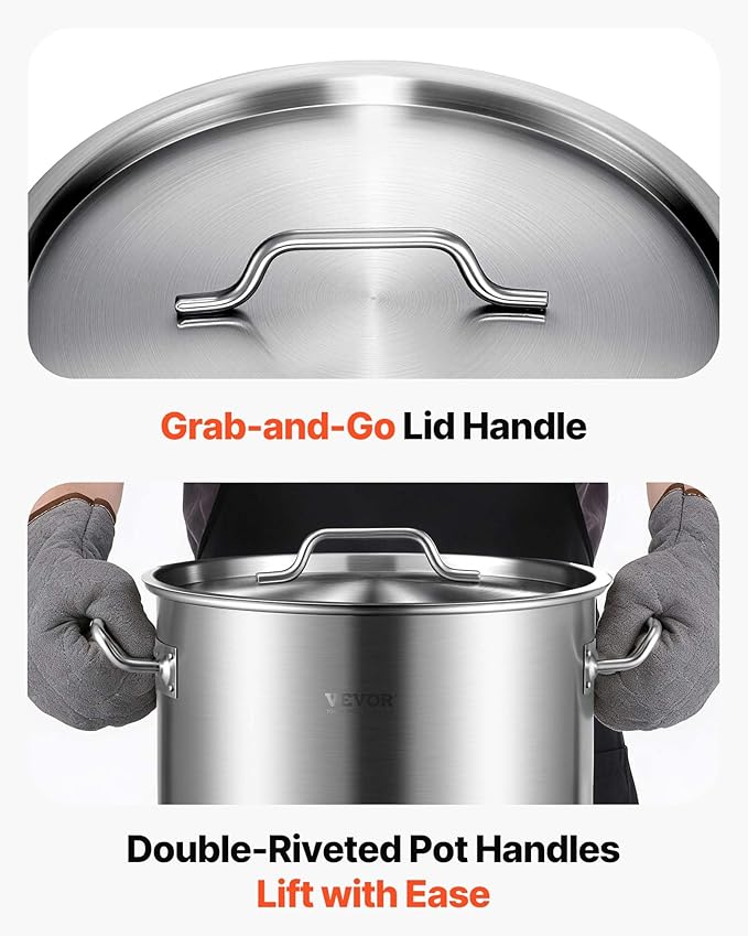 VEVOR Stainless Steel Stockpot, 42 Quart Large Cooking Pots, Cookware Sauce Pot with Strainer, Lid, and Handle, Heavy Duty Commercial Grade Stock Pot, Sanding Treatment, for Large Groups Events Silver - Image 10
