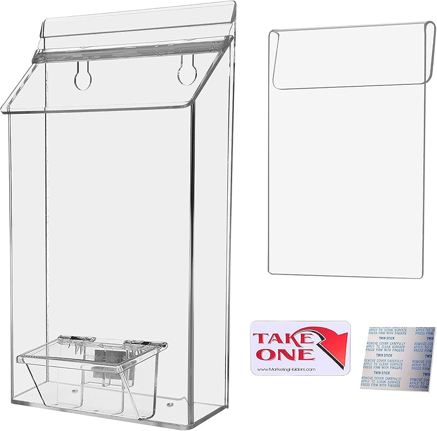 Outdoor Brochure Holder and Card Box with Window Hook for 6” x 10” Pamphlets and 3.5" x 2" Cards Clear Acrylic with Lid On The Go Advertising Real Estate Sheet Box Take One Bin by Marketing Holders