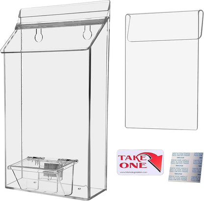 Outdoor Brochure Holder and Card Box with Window Hook for 6” x 10” Pamphlets and 3.5" x 2" Cards Clear Acrylic with Lid On The Go Advertising Real Estate Sheet Box Take One Bin by Marketing Holders