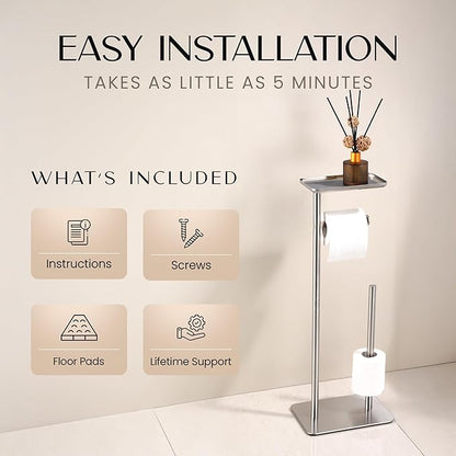 Day Moon™ - Toilet Paper Holder - Modern Roll Holder for Bathroom - 1 Pack - Free Standing - with Shelf, Brushed Nickel - Image 4