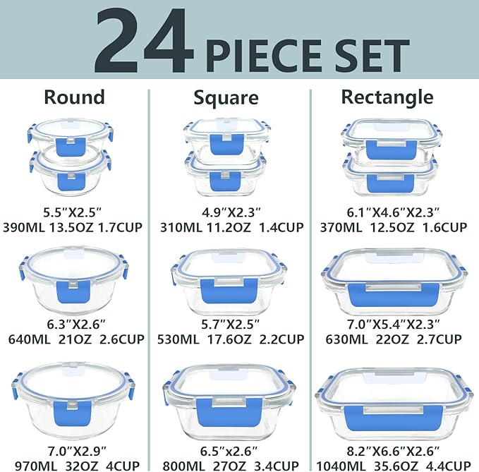 12 Pack Glass Food Storage Container Set with Lids Airtight, Stackable Meal Prep & Leftover Containers, Lunch Box for Microwave, Oven, Freezer and Dishwasher (Blue) - Image 2