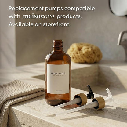 MaisoNovo Glass Dish Soap Dispenser for Kitchen Set of 2-16.9oz Amber Dish and Hand Soap Dispenser Set for Kitchen - Amber Glass Bottles x 2 with Black Bamboo Pumps & Tray