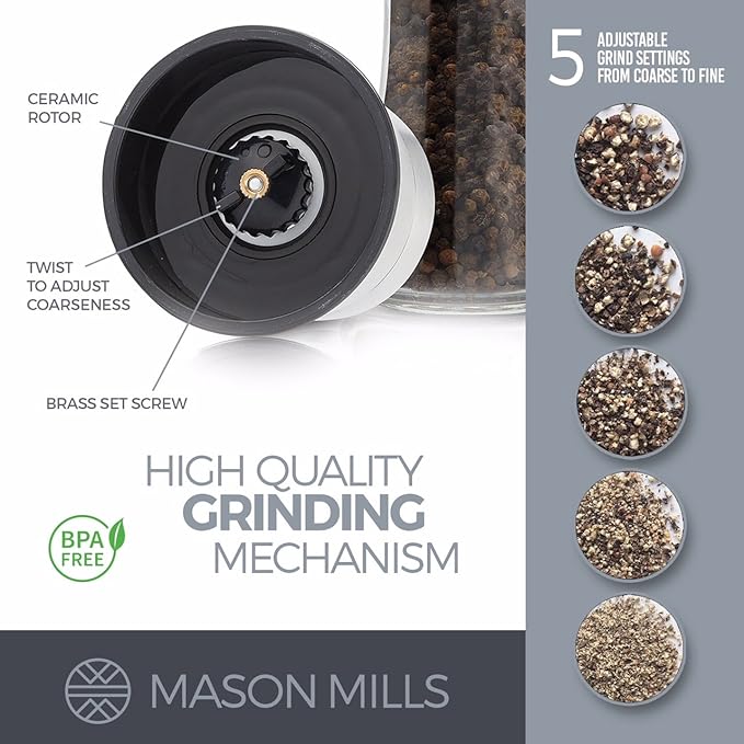 Prefilled Stainless Steel Salt and Pepper Grinder Two Piece Set - Includes Himalayan Salt and Quality Black Pepper - Glass and Stainless Steel Mill - Large Capacity Shakers - Top Loading By Mason Mil - Image 2