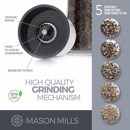 Prefilled Stainless Steel Salt and Pepper Grinder Two Piece Set - Includes Himalayan Salt and Quality Black Pepper - Glass and Stainless Steel Mill - Large Capacity Shakers - Top Loading By Mason Mil - Image 2
