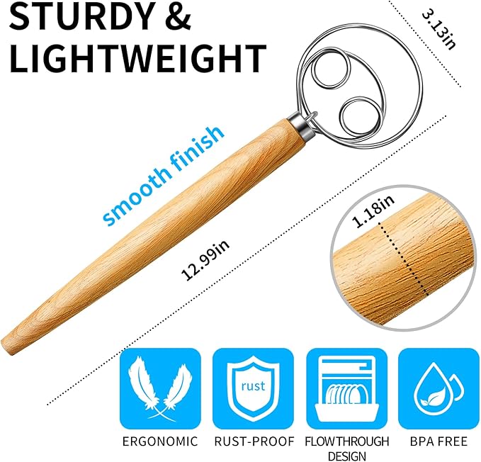 TEEVEA Danish Dough Whisk Stainless Steel Wooden Handle for Sourdough Pizza Bread Baking - Image 7