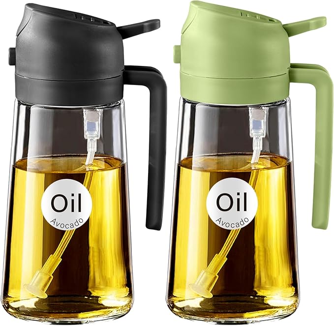 YARRAMATE Olive Oil Dispenser, 2 in 1 Oil Sprayer for Cooking, 16oz/470ml Glass Oil Spray Bottle with Pourer, Food-grade Oil Dispenser and Oil Sprayer for Kitchen, Salad, Frying, BBQ (Black & Green) by YARRAMATE
