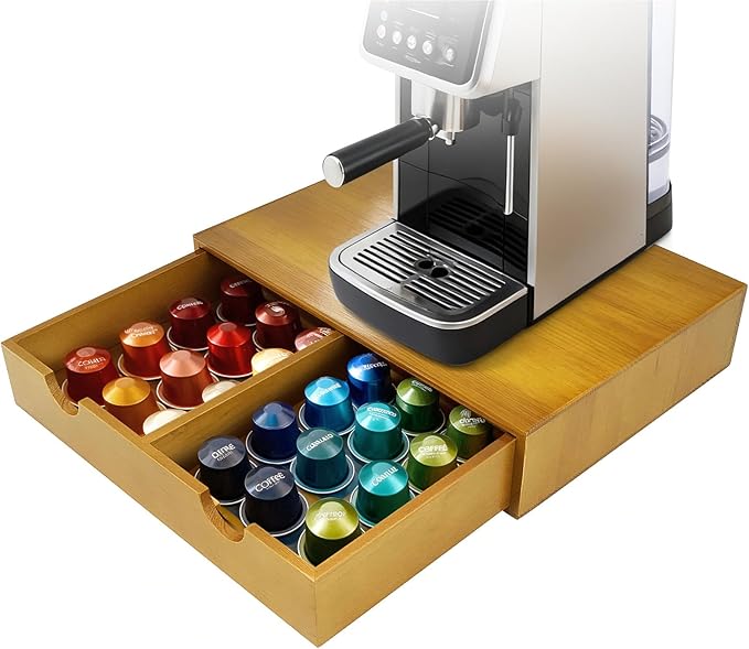Coffee Pod 15" X 11" X 3" Natural Wood Countertop Organizer Drawer, Counter Top Espresso Tea Bag Station Storage Holder Box, Brown by KISENG