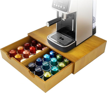 Coffee Pod 15" X 11" X 3" Natural Wood Countertop Organizer Drawer, Counter Top Espresso Tea Bag Station Storage Holder Box, Brown by KISENG