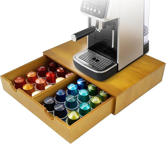 Coffee Pod 15" X 11" X 3" Natural Wood Countertop Organizer Drawer, Counter Top Espresso Tea Bag Station Storage Holder Box, Brown by KISENG