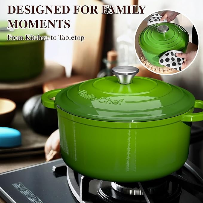 Umite Chef 7QT Enameled Cast Iron Dutch Oven with Lid & Cotton Potholders–Heavy-Duty Cookware for Bread Baking, Braising, Stews, Marinate, Cook,Refrigerate & Serve(Green) - Image 7