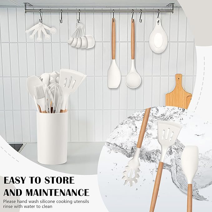HaWare Kitchen Cooking Utensils Set, 23-Piece Silicone Kitchen Utensils Spatula Set with Holder, Heat Resistant Wooden Handle Kitchen Gadget for Nonstick Cookware, Food-grade Turner Spoon Sets (White) - Image 7