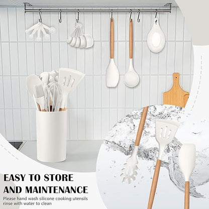 HaWare Kitchen Cooking Utensils Set, 23-Piece Silicone Kitchen Utensils Spatula Set with Holder, Heat Resistant Wooden Handle Kitchen Gadget for Nonstick Cookware, Food-grade Turner Spoon Sets (White) - Image 7
