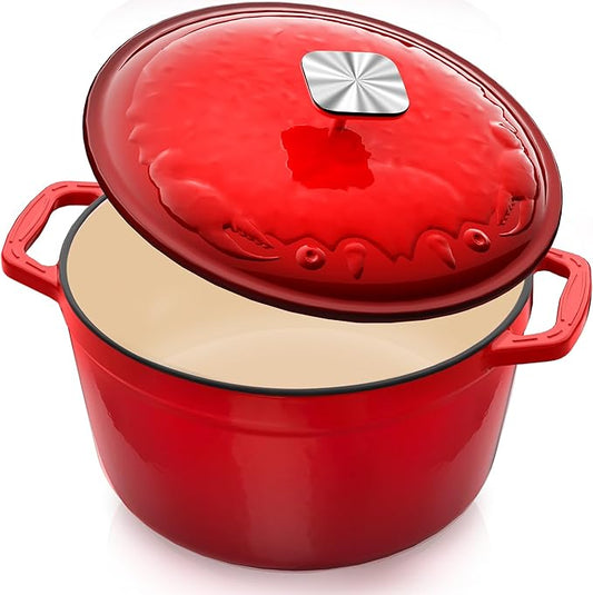 Enameled Cast Iron Dutch Oven - 5 Quart, Exclusive Designed Crab Lid, Oversized Knob, for Bread Baking Braiser Cooking - Red by DUTZUN