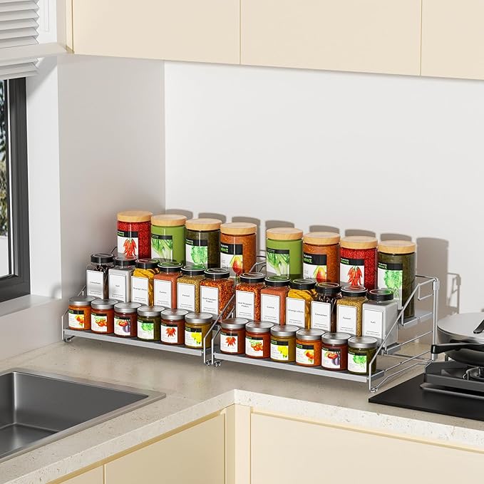 BOIVSHI 4 Tier Spice Rack Organizer for Cabinet, Spice Rack Organizer, Depth Adjustable Spice Organizer for Cabinet, Countertop, Cupboard, Pantry, Seasoning Shelf, Metal, Gray (2 Pack) - Image 9