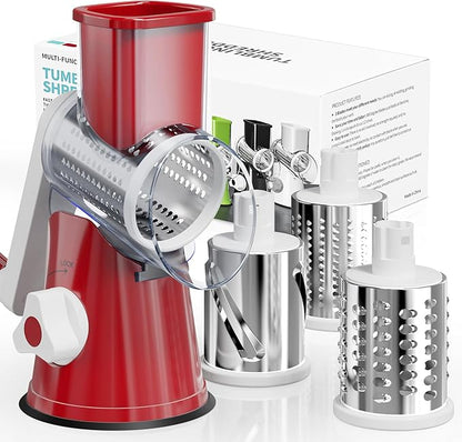 Cheese Grater Hand Crank, Rotary Cheese Shredder with 3 Interchangeable Blades for Coarse, Fine Shredding and Slicing, Strong Suction Base for Pizza, Pasta, Salad, Vegetables, Nuts, Chocolate by Nexsujo