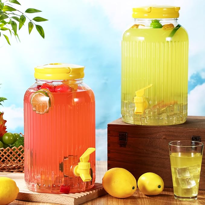 SiliFine 2 Pieces 1 Gallon Plastic Beverage Dispenser with Spigot Striped Clear Large Drink Beverage Dispenser Summer Fridge Water Container with Tap for Party Iced Tea, Sangria, Lemonade(Yellow)
