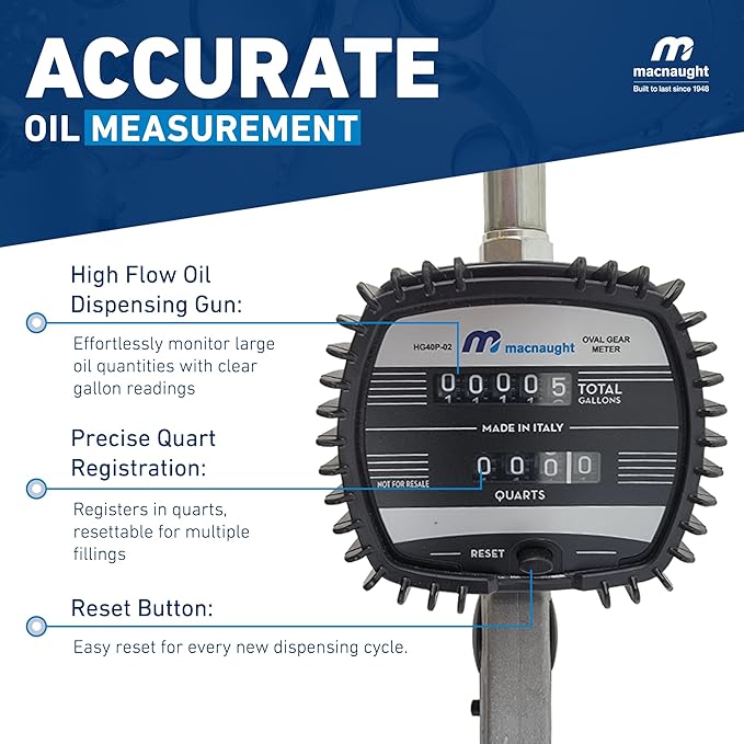 Macnaught Pneumatic Oil Gun with Control Valve 1/2" inch NPT Inlet, Mechanical Meter, Registers in Qts & Totals in Gal. Oil, antifreeze, trans fluid, lubricating oil, synthetic hydraulic oil & more - Image 4