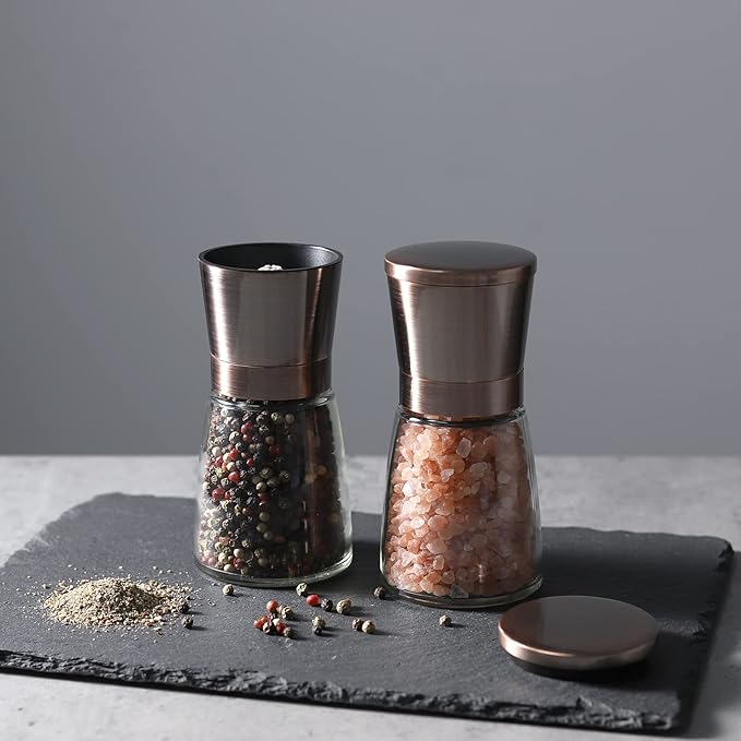 Vzaahu Salt and Pepper Copper Grinders, Set of 2 Refillable Bronze Brass, Seasalt Spice Peppermill with Magnetic Lids Adjustable Coarseness, Ceramic Core, Kitchen Gift - Image 6