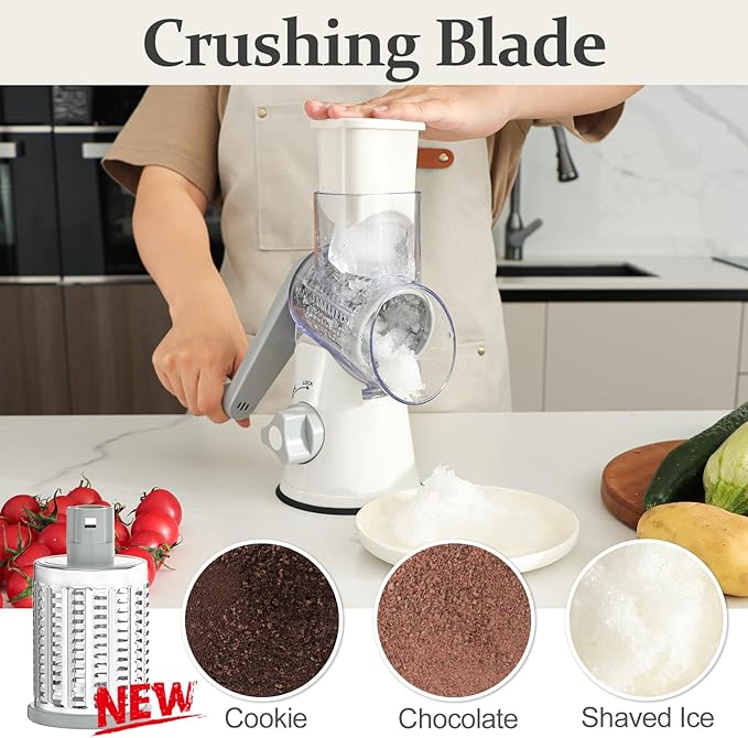 Cambom 5 in 1 Rotary Cheese Grater Hand Crank Cheese Shredder for Fresh Cheese, Vegetable, Nuts,Non-slip Suction Base, Five Blades, White - Image 3