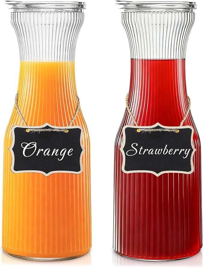 INSETLAN 1 Liter Ribbed Glass Carafe with Lid, Set of 2- Juice Carafe for Mimosa Bar, Brunch,Parties, Beverage Serveware, Cold Brew Coffee, Milk, Iced Tea, Lemonade -Includes 2 Wooden Chalkboard Label