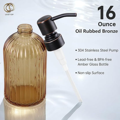 16 OZ Amber Glass Soap Dispenser, Amber Stripe Bathroom Hand Soap Dispensers with Stainless Steel Bronze Pump,Brown Glass Kitchen Hand Soap Dispenser with Oil Rubbed Bronze Pump,2 Packs