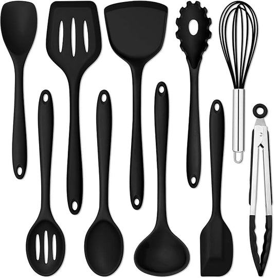 E-far 10 Pieces Silicone Cooking Utensils Set, Heat Resistant Kitchen Utensil Set for Nonstick Cookware, Kitchen Cooking Tools with Spatula, Spoon, Slotted Turner, Non-Toxic & Dishwasher Safe (Black) by E-far