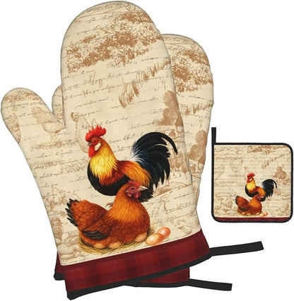 Retro Rustic Pot Holders and Oven Mitts Set of 3, Rooster Chicken Oven Gloves Hot Pads for Baking Cooking Grilling BBQ, Rooster Chicken Decor for Kitchen, Rustic Baking Gifts for Women Chef Baker