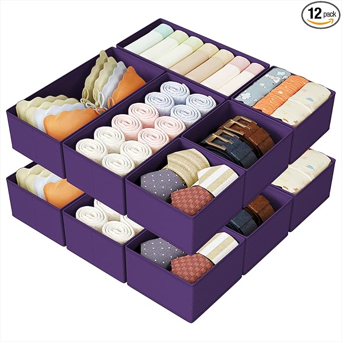 DIMJ Drawer Organizers Clothes, Set of 12 Dresser Organizer Bins, Fabric Closet Organizers and Storage, Shallow Drawer Dividers for Nursery, Clothing, Baby Clothes, Socks, Underwears, Tie (Purple) by DiMJ